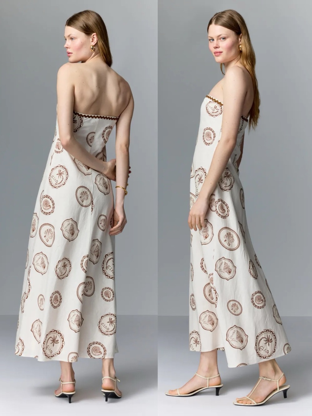 Kivari • Anthropologie Ciao Strapless Maxi Dress white linen print rickrack - Picture 8 of 15